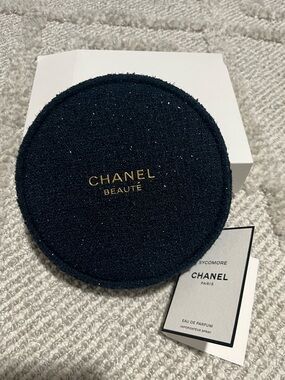 CHANEL Navy Tweed Round Cosmetic Case with Gold Hardware